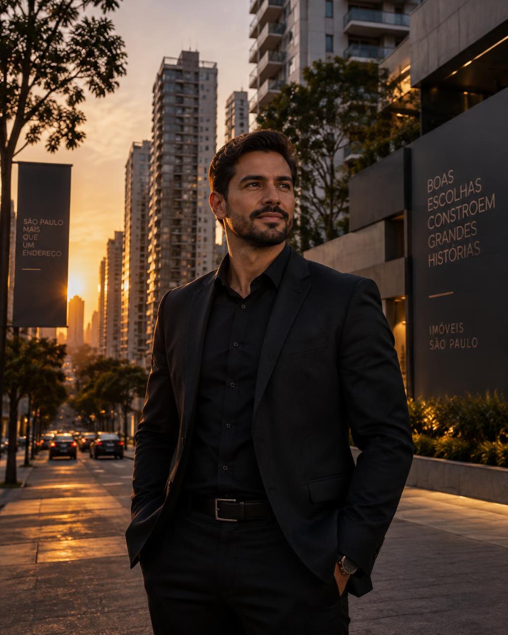 Corretor de imóveis em rua de São Paulo ao entardecer